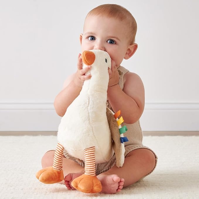 Itzy Ritzy Snuggles Plush Toy – Soft Stuffed Animal for Babies, Kids & Adults – Sensory Ribbons & Textured Fabrics for Tactile Play – Cozy & Cuddly Companion for Newborns & Up (Goose)