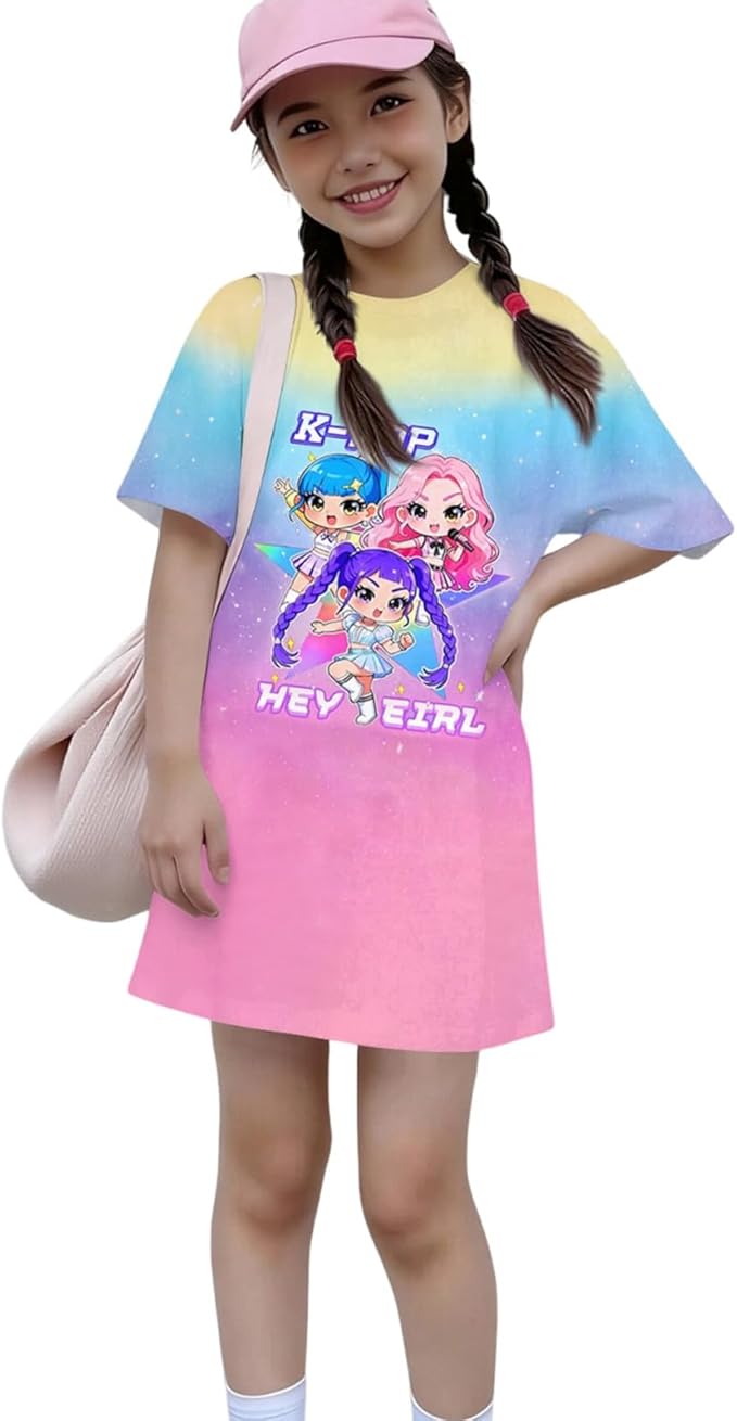 Girl's Anime K-POP Graphic Long Dress T-Shirt - Casual Loose Fit Short Sleeve Top