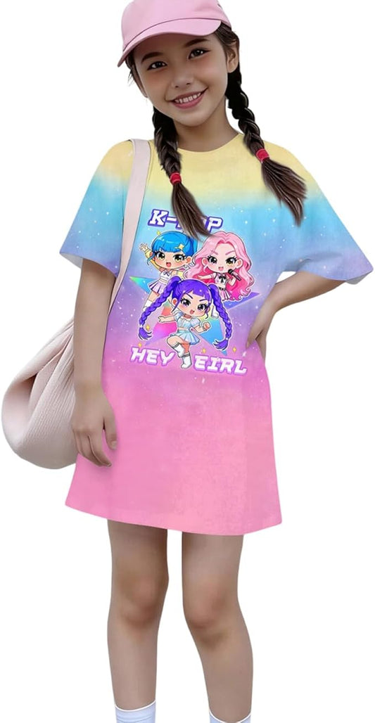 Girl's Anime K-POP Graphic Long Dress T-Shirt - Casual Loose Fit Short Sleeve Top