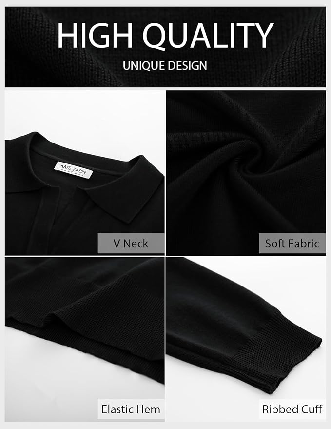 Women's Long Sleeve Classic V Neck Casual Fall Winter Polo Sweater Tops | Basic Collared Knitted Fashion Work Business Formal Daily Wear Versatile Pullover Shirts