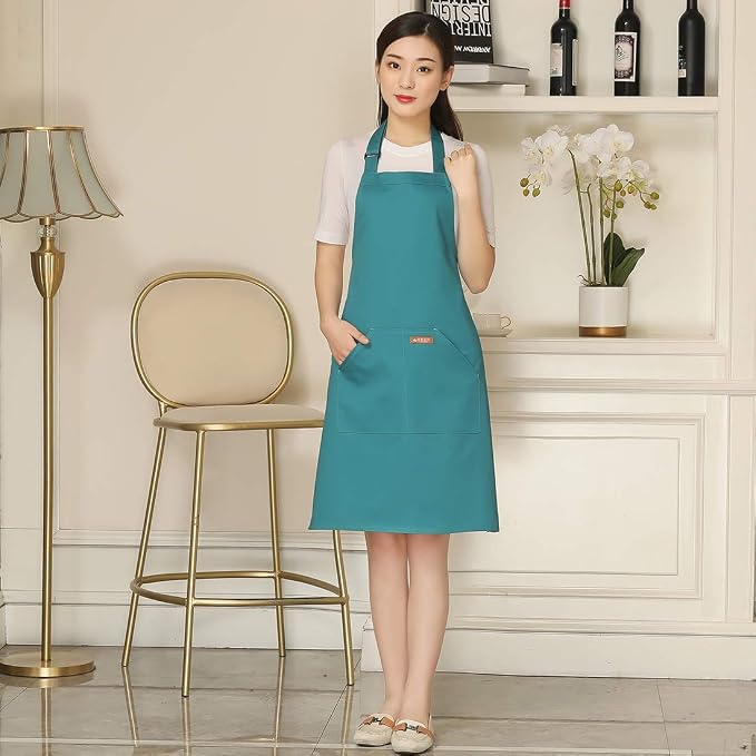 NEWGEM Adjustable Canvas Aprons for Women Men with 2 Pockets - Kitchen Cooking Chef Apron with Neck Strap, Stain Resistant Pinafore for Waitress Barista Restaurant Baking BBQ (Light Green)