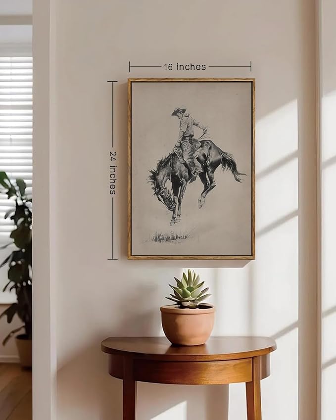 ZZLWBKGL Western Wall Decor Bronco Buster Canvas Art Cowboy Framed Wall Art | Vintage Artwork Farmhouse Picture Retro Country West Paintings for Living Room Bedroom 16x24in