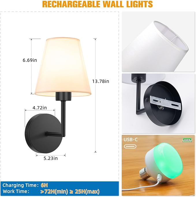 13.8 inch Battery Operated Wall Sconce Set of 2,Black Rechargeable Wall Lights with 10400mAh Dimmable Detachable Bulbs and Remote,9 Colors Wireless Sconces for Bedroom Living Room Hallway