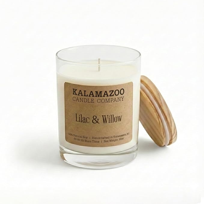 Kalamazoo Candle Company Hand-Poured Soy Wax Candle – 10oz Classic Jar, 60-80 Hour Burn Time – Made in USA, Highly Scented, Phthalate-Free (Lilac & Willow)