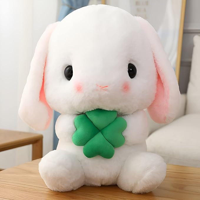 HOUPU Soft Toy - Sitting Lop Eared Rabbit, Easter White Rabbit Stuffed Bunny Animal with Carrot Soft Lovely Realistic Long-Eared Standing Pink Plush Toys (White-Four Leaf,16.9in/43cm)