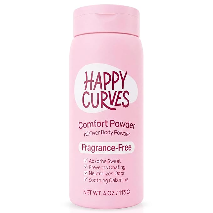HAPPY CURVES Comfort Powder: Talc Free Anti Chafe Body & Foot Dusting Powder Deodorant to Control Inner Thigh Chafing, Private Areas, and All Over Body for Women (4 Ounce (Pack of 1), Fragrance-Free)