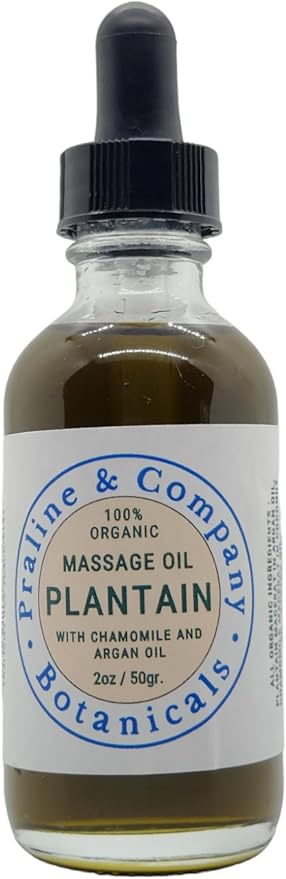 Plantain Massage Oil with Chamomile & Argan Oil – Handcrafted Herbal Body Oil with Organic Plantain Leaves – Natural Skin & Body Massage Oil – 2 oz