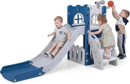 BABY JOY Toddler Slide, 6-in-1 Indoor Kids Slide Playset with Basketball Hoop, Telescope, Climbing Ladder & Storage Space, Freestanding Playhouse & Climber for Kids Aged 1-3 (Deep Blue)