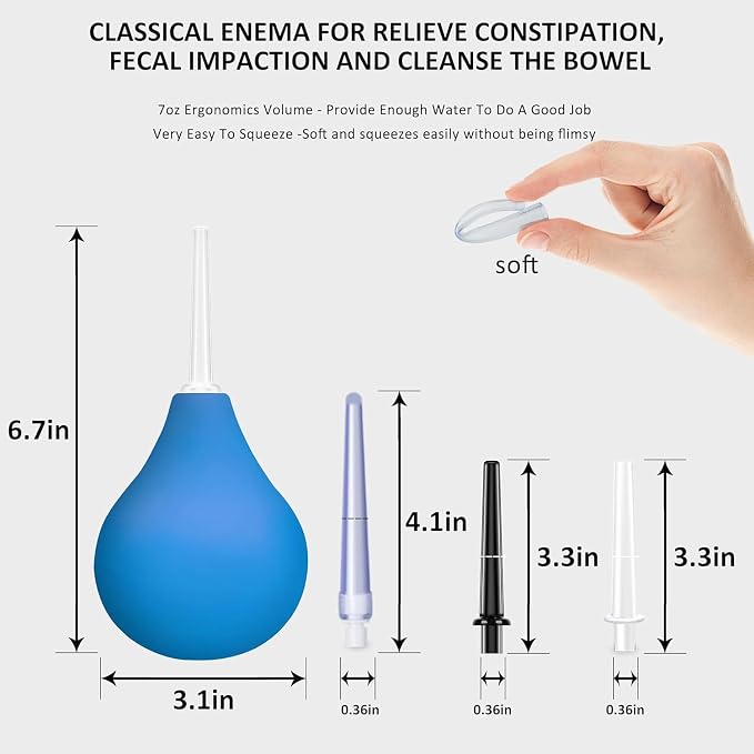 Enema Bulb Douche Enema Kit - 8 oz Reusable Clean Anal Douche for Men Women with 3 Replaceable Nozzle ，Anal Cleaner Enema Bulb (Blue,3 Piece Set)