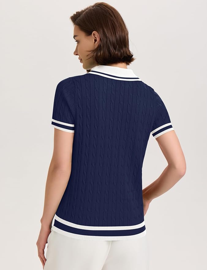 Micoson Womens Short Sleeve Sweater Tops Lapel V Neck Polo Shirts 2026 | Summer Cable Knit Loose Blouses, Business Casual Outfits