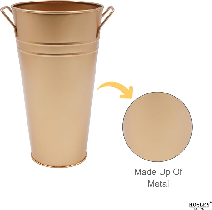 Hosley Set of 2 Gold Bucket/Pot Vase with PVC Liner, 6.25" L x 5" W x 9" H Ideal Gift for Floral Arrangements Wedding Home Office Party DIY Indoor Outdoor Garden Patio