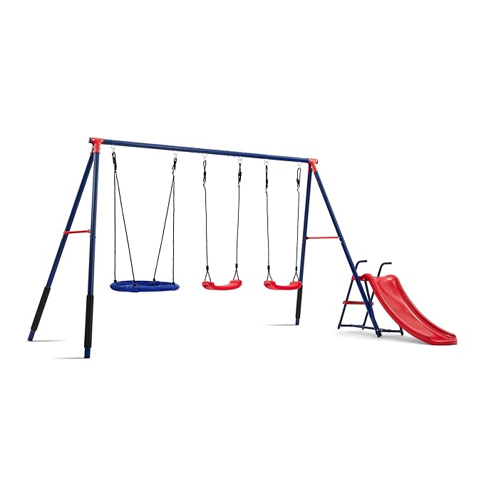 Delta Children FunZone Outdoor Metal 4-Piece Swing Set - Includes 2 Swings, 1 Disc/Saucer Swing and Slide, Blue/Red