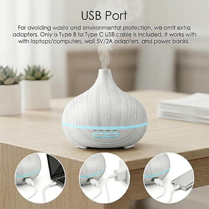 550ml Large Capacity Essential Oil Diffuser with 6 Aromatherapy Oils,Humidifier for Home Decor,Diffuser with Remote Control,7 Color LED Light for Yoga Gym Office Decoration (White Wood Grain)