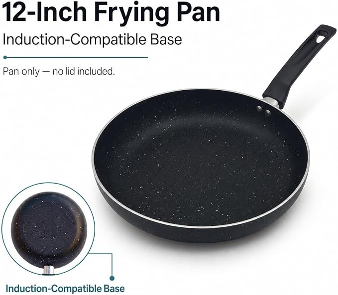Heavy Gauge 12-Inch Nonstick Frying Pan Skillet, Large Aluminum Omelet Pan for Searing, Sauteing and Everyday Cooking, Induction Compatible Cookware for Gas, Electric and Ceramic