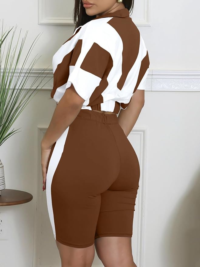 Adogirl Women 2 Piece Outfits Summer Tracksuit Color Block Short Sleeve Full Zip Up Cropped Jacket Bodycon Shorts Lounge Sets