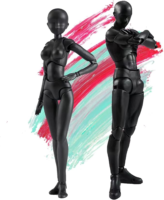 Action Figures PVC Model (Black Color) with Box Drawing Figure Models for Artists(Female+Male)
