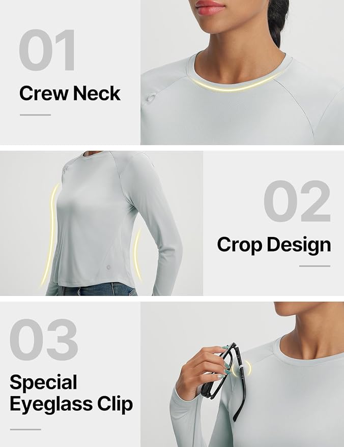 baleaf Women's UPF 50+ Long Sleeve Sun Shirts Crop Rash Guard UV Workout Tops SPF Slim Fit Lightweight Athletic Hiking