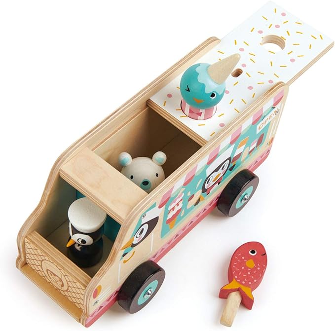 Tender Leaf Toys - Penguin’s Gelato Van - Food Truck Style Pretend Play, Ice Cream and Ice Lolly Wooden Vehicle - Encourage Role Play and Develops Social Skills for Children - Age 18m+
