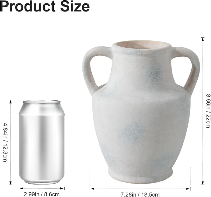 Ceramic Flower Vase with Handles, 8.66 inch Tall Ceramic Vase Farmhouse Rustic Vases Decorative Pottery Vases for Home Decor Living Room Bookshelf Table Centerpiece Desk Bathroom Fireplace, White