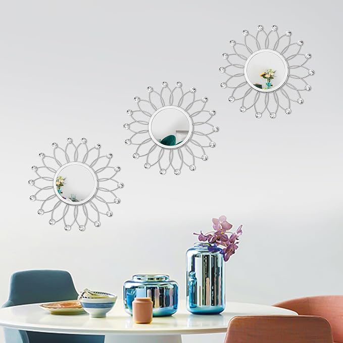 3 Pack Metal Mirrors for Wall Sunburst Wall Mirrors Home Décor Decorative Hanging Wall Art for Living Room Bedroom Entryway (Silver Crystal, Flowers)