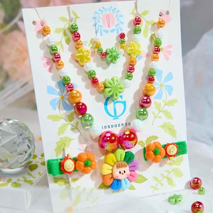 Little Girl Jewelry Sets Kids Jewelry - Unicorn Mermaid Bead Necklaces, Jewel Rings, Dress Rings, Friendship Bracelets with Science Knowledge Cards & Spare Strings - Princess Dress Play Toy for Toddlers 2 3 4 5 6 7 8 - Birthday Party School Gifts