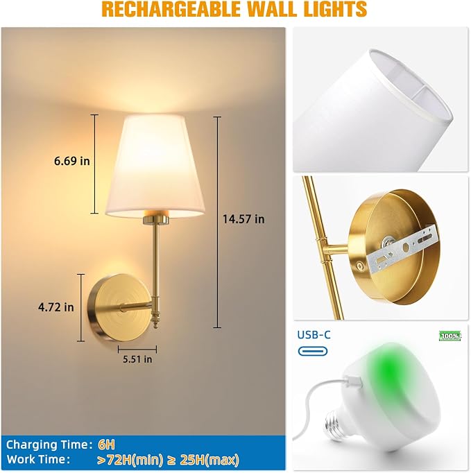 14.5 inch Battery Operated Wall Sconce Set of 2,Gold Rechargeable Wall Lights with 10400mAh Dimmable Detachable Bulbs and Remote,9 Colors Wireless Sconces for Bedroom Living Room Hallway Decor