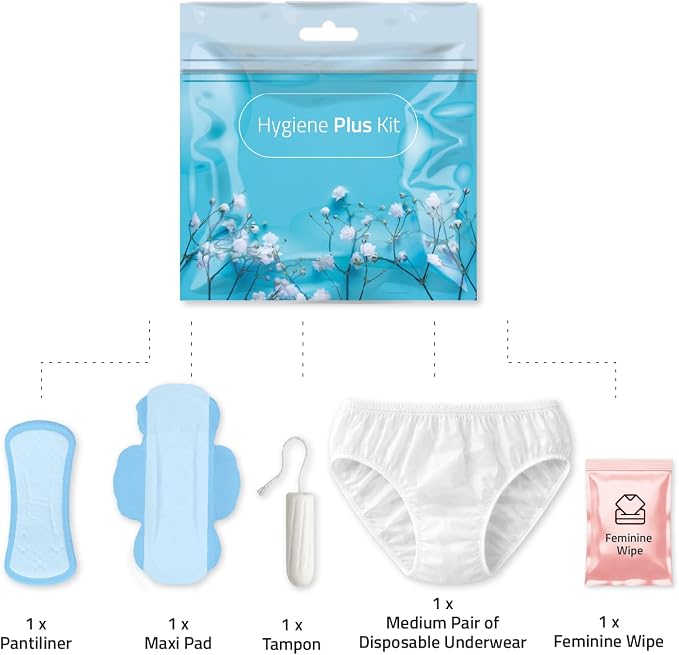 Hygiene Plus Period Kit with Disposable Underwear (Medium) – Menstrual Kit with Tampon, Pad & Pantyliner – Feminine Hygiene Kit for Girls, Teens & Women (Blue Flowers)