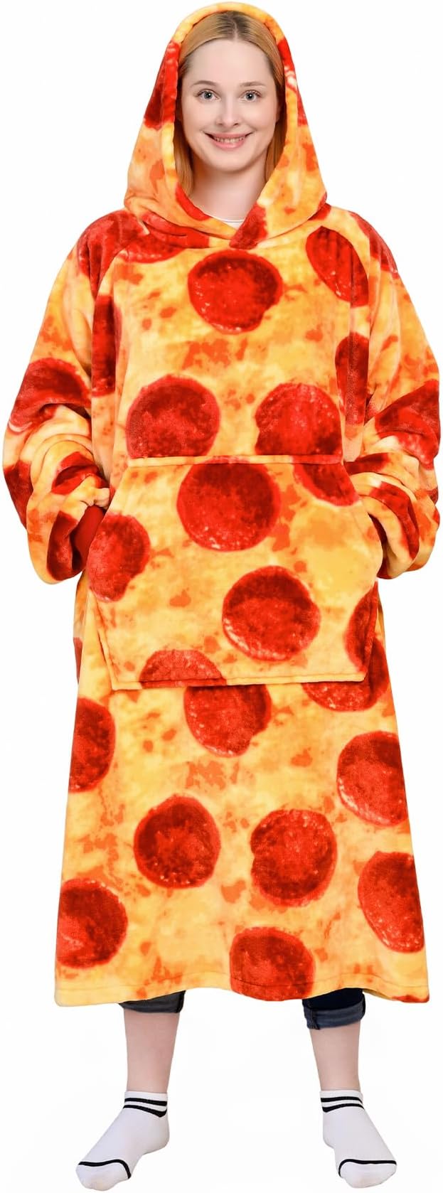 Waitu Wearable Blanket Sweatshirt Gifts for Women and Men, Warm and Cozy Giant Blanket Hoodie, Thick Flannel Blanket with Sleeves and Giant Pocket - Pizzas Red