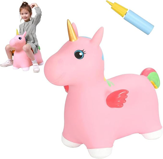 INPANY Unicorn Bouncy Horse Toys for 2 Year Old Girl, Toddler Girl Bouncing Animal Hopper Horse, Inflatable Hopping, Ride on Rubber Bouncer, Indoor Outdoor Baby Birthday Gifts for 3 4 Year Old Boys