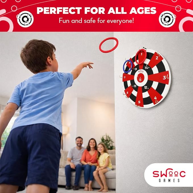 Swooc Games® ‒ Hook Darts Ring Toss Game ‒ Wood Board & Soft Rings ‒ 20+ Games Included for Kids & Adults ‒ Wall Mounted Ring and Hook ‒ Indoor & Outdoor Wall Decor for Game Room, Patio, Garage, Yard