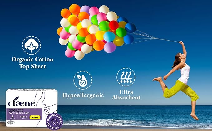Claene Organic Cotton Cover Pads, Cruelty-Free, Menstrual Overnight Pads for Women, Unscented, Breathable, Vegan, Natural Sanitary Napkins with Wings (Overnight, 1 Pack, Total 8)