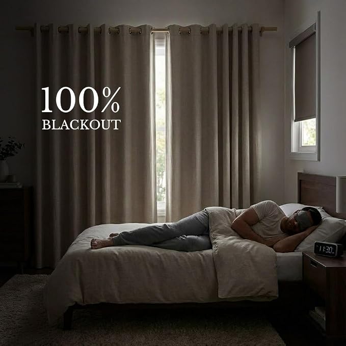 NICETOWN Natural Linen 100% Blackout Curtains 120 inches Length 2 Panels Set with Thermal Insulated Liners, 52" Width, Farmhouse Style Extra Long Window Draperies for Patio Sliding Glass Door