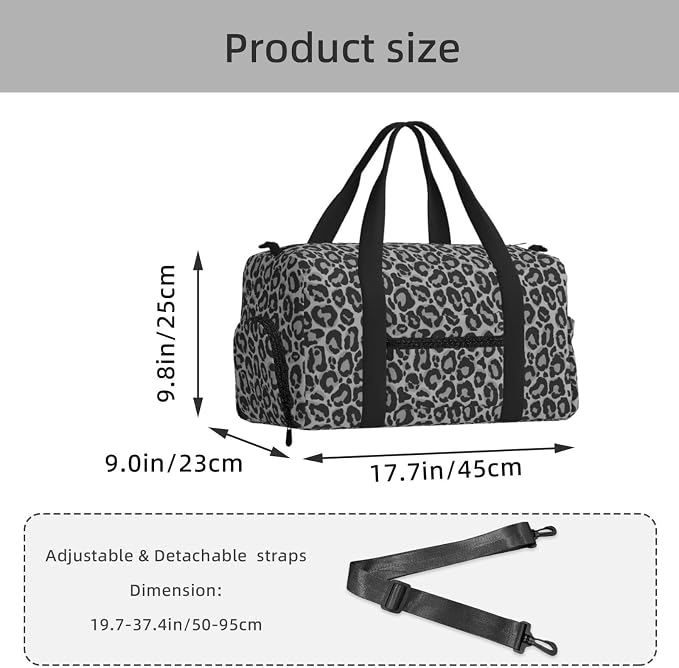 Fiokroo Sports Gym Bag Grey Leopard Pattern Travel Duffel Bag For Men Women With Shoe Compartment Water Resistant Gym Bag Carry On Duffel Bag For Weekend Traveling Yoga Gym Sports