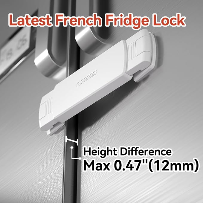 EUDEMON 1 Pack Latest French Fridge Lock French Door Refrigerator/Freezer Lock Apply to Max 3.54"(90mm) Two Door Gap Distance for Kids & Babies,Easy to Install no Tools Need or Drill (White)