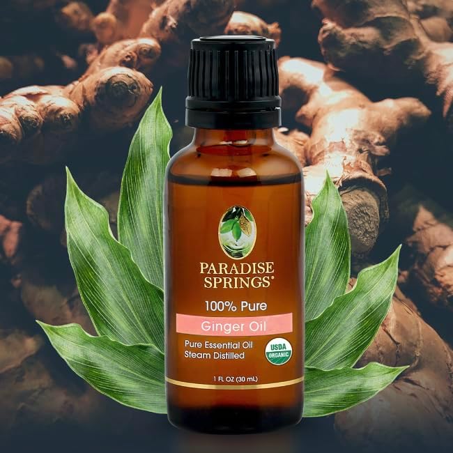 Paradise Springs Organic Ginger Essential Oil, 100% Pure and Natural Organic Ginger Essential Oil for Diffusers for Home Aromatherapy, Massage, Humidifiers, 1 fl oz (30ml)