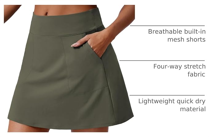 PINSPARK 17" Golf Skorts for Woman High Waisted Tennis Skirt with 4 Pockets | Lightweight, Quick Dry, 4-Way Strecth, Breathable, Tummy Control, UPF 50+ Athletic Skort for Workout, Pickleball, Gym, Casual