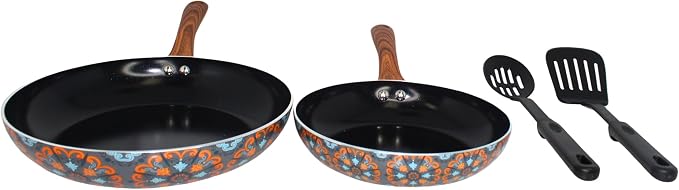 IMUSA 4 Piece 8 & 10 Inch Talavera Aluminum Black Ceramic Fry Pan Set | Nonstick Ceramic Surface, Soft-Touch Handles, Includes 8 Inch and 10 Inch Fry Pans, Great for Daily Use