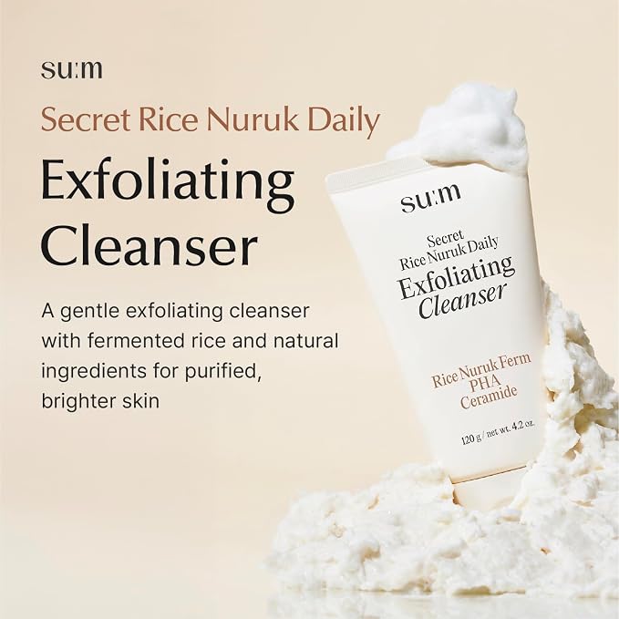 SU:M Secret Rice Nuruk Daily Exfoliating Cleanser (4.23 Fl Oz) - Soft Micro Foam Gentle Scrub Wash with PHA & Ceramide - Hydrating, Non-Irritating Pore Cleansing for Smooth Skin, Korean Skin Care