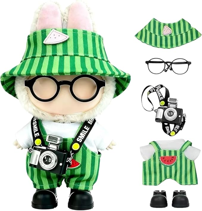 17cm Doll Clothes – 6-Piece Set, Hat + Overalls + Shirt + Camera + Glasses + Shoes, Cute and Premium Dolls Outfit Accessories (Green)
