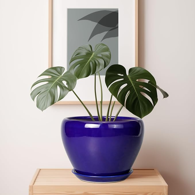 Ceramicfor Ceramic Planter 10 Inch - Indoor Plant Pot for Plants with Drainage Hole and Saucer Large Planter Round Outdoor Flower Pot Mid-Century for House Patio Decor Blue