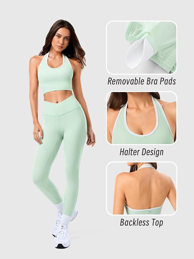 Halter Workout Top for Women: Open Back Sports Bra Color Block Tops with Built in Bra Yoga Gym Crop
