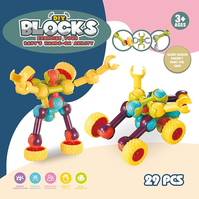 Colorful Building Block Set, 29 Pieces, Multicolor Plastic Robot/Chariot (10.2 x 2.8 x 8.3 in)