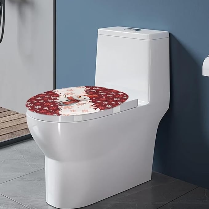 Toilet Seat Cover, Bathroom Accessories with Elastic Band at Bottom Toilet Seat Cover, Flannel Soft and Dustproof Toilet Lid Cover-Cute Christmas Snowman