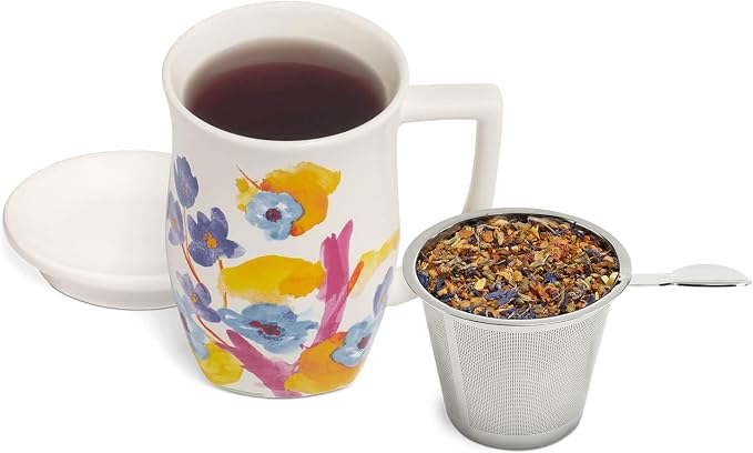 Tea Forte Ceramic Fiore Cup with Handle, Removeable Stainless Steel Infuser Basket and Lid, Steeps 14 oz Loose Leaf Tea, Dishwasher & Microwave Safe, Volare