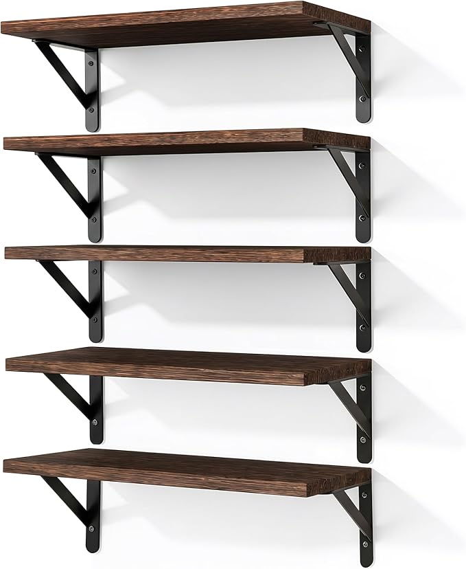 Fixwal Floating Shelves for Wall, Wood Wall Mounted Shelves for Bedroom, Bathroom, Living Room, Kitchen Storage and Decor(Brown, Set of 5, 16.5 Inch)