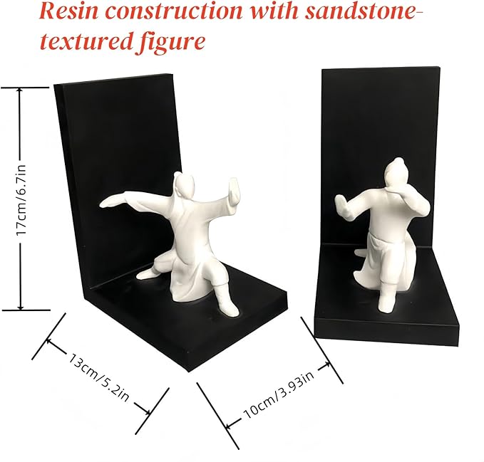 Modern Tai Chi Yin Yang Decorative Bookends - Heavy Duty Resin Bookend Set with Sandstone Texture, Anti-Slip Felt Base, Black & White Minimalist Design for Living Room Office Decor (13x10x17cm)