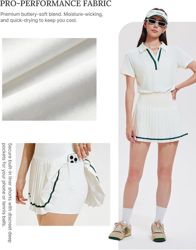Women 2 Piece Tennis Skirt Set Pleated Golf Outfit, Polo V-Neck Athletic Dress Alternative Skort Set for Pickleball Pockets