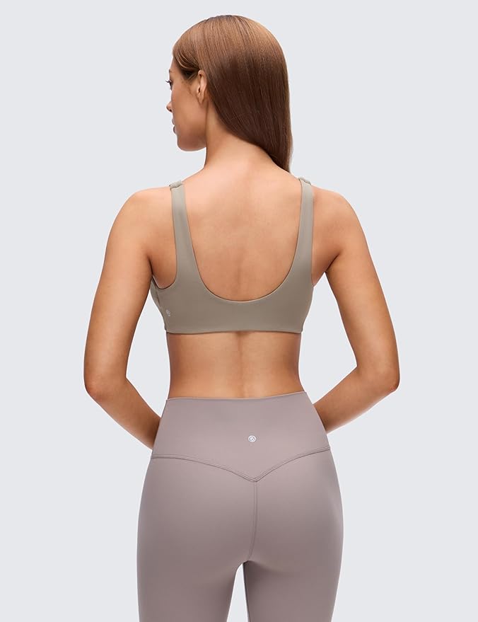 CRZ YOGA Butterluxe Front Twist Deep V Neck Sports Bras for Women - Wide Straps Padded U Back Yoga Crop Top