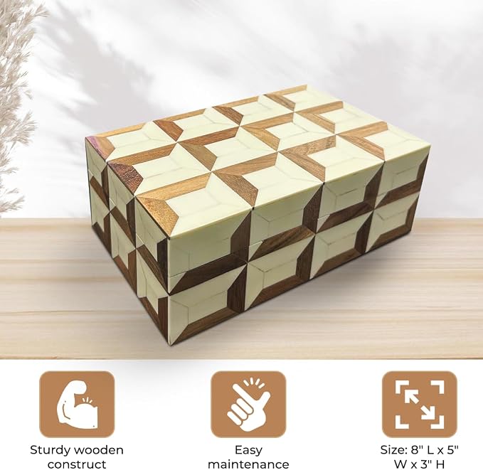 Perilla Home Home Decor Decorative Storage Wooden Box Small Organizer Stash Card Craft Treasure Tool Memory Trinket Keepsake Jewelry Box for Men and Women, Gifts For All, Brown and Off White (Felix)