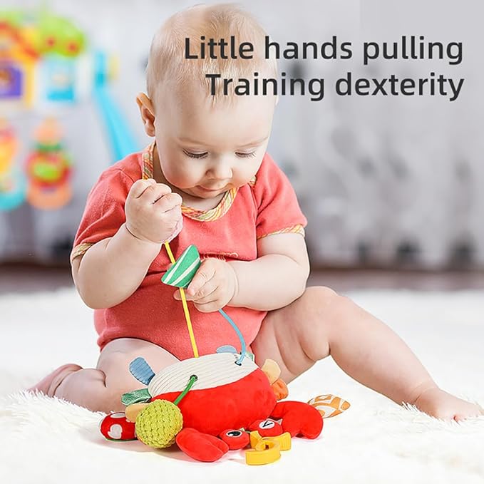 Crab Car Seat & Stroller Toy for Babies 0-12 Months, Sensory Hanging Toy with Rattle, Mirror, Squeaker, BPA-Free Pull Strings, Fine Motor Skills Baby Gift for Newborn Infant Boy Girl